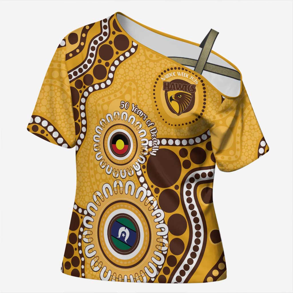 Hawthorn NAIDOC 2026 Personalised Cross Shoulder Shirt 50 Years of Deadly Aboriginal Art