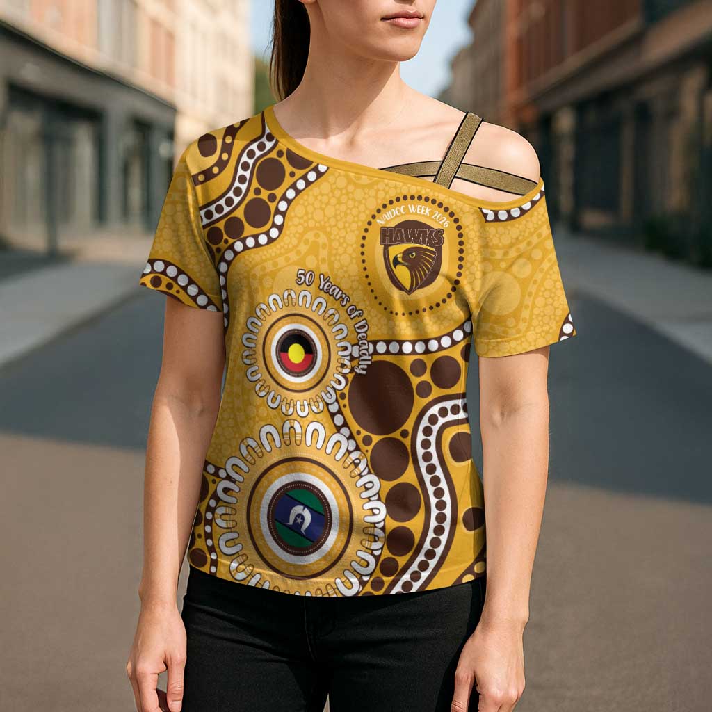 Hawthorn NAIDOC 2026 Personalised Cross Shoulder Shirt 50 Years of Deadly Aboriginal Art