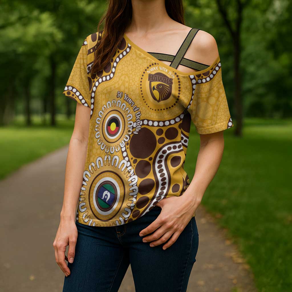 Hawthorn NAIDOC 2026 Personalised Cross Shoulder Shirt 50 Years of Deadly Aboriginal Art