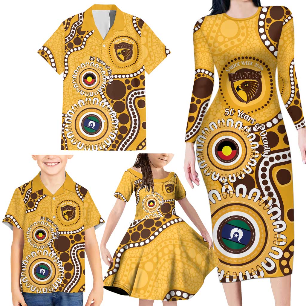 Hawthorn NAIDOC 2026 Personalised Family Matching Long Sleeve Bodycon Dress and Hawaiian Shirt 50 Years of Deadly Aboriginal Art