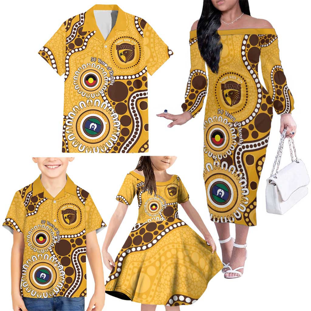 Hawthorn NAIDOC 2026 Personalised Family Matching Off The Shoulder Long Sleeve Dress and Hawaiian Shirt 50 Years of Deadly Aboriginal Art