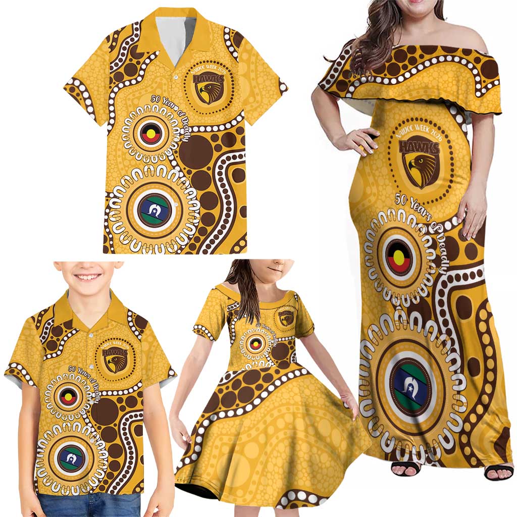Hawthorn NAIDOC 2026 Personalised Family Matching Off Shoulder Maxi Dress and Hawaiian Shirt 50 Years of Deadly Aboriginal Art