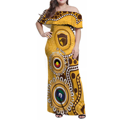 Hawthorn NAIDOC 2026 Personalised Family Matching Off Shoulder Maxi Dress and Hawaiian Shirt 50 Years of Deadly Aboriginal Art