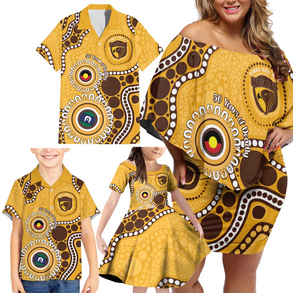 Hawthorn NAIDOC 2026 Personalised Family Matching Off Shoulder Short Dress and Hawaiian Shirt 50 Years of Deadly Aboriginal Art
