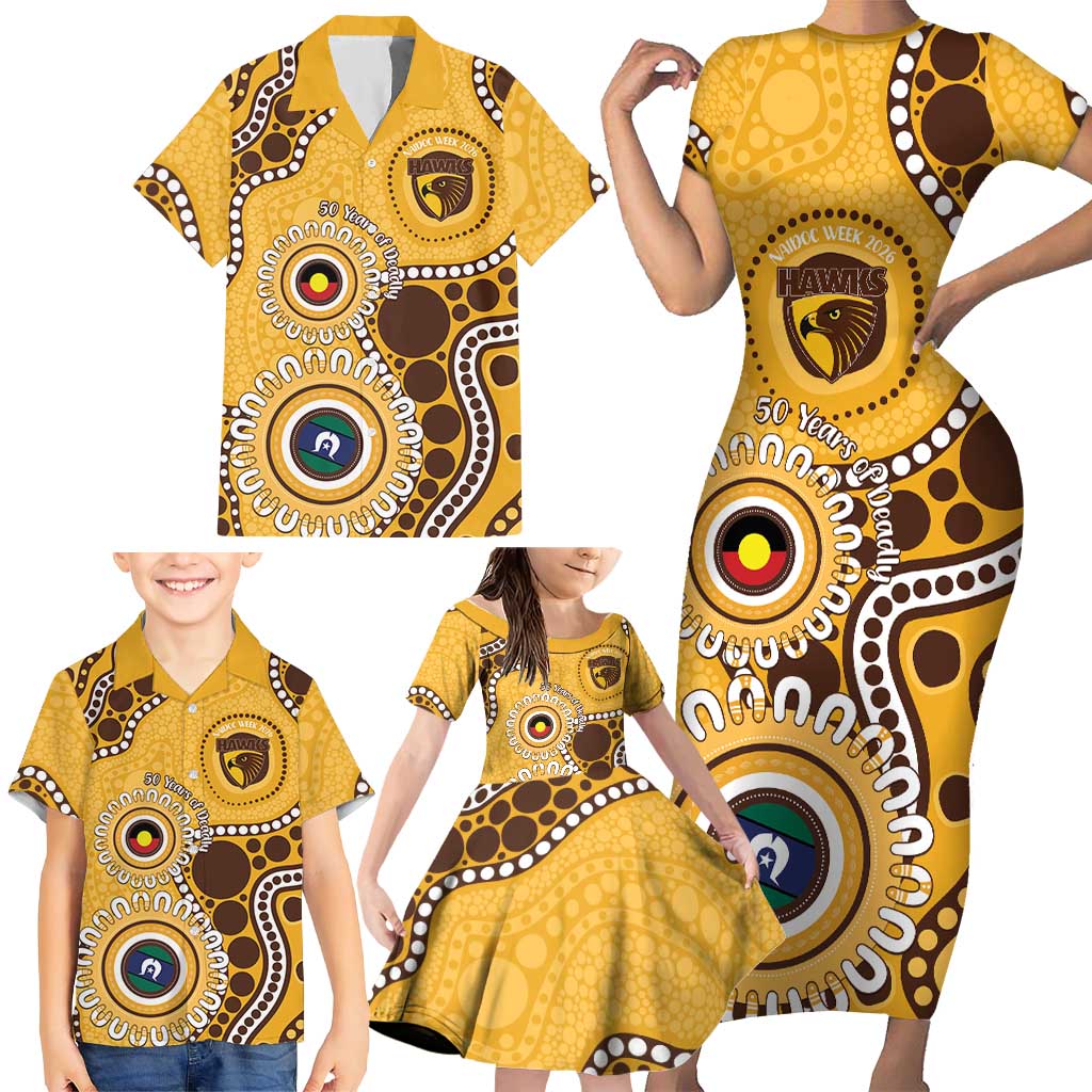 Hawthorn NAIDOC 2026 Personalised Family Matching Short Sleeve Bodycon Dress and Hawaiian Shirt 50 Years of Deadly Aboriginal Art