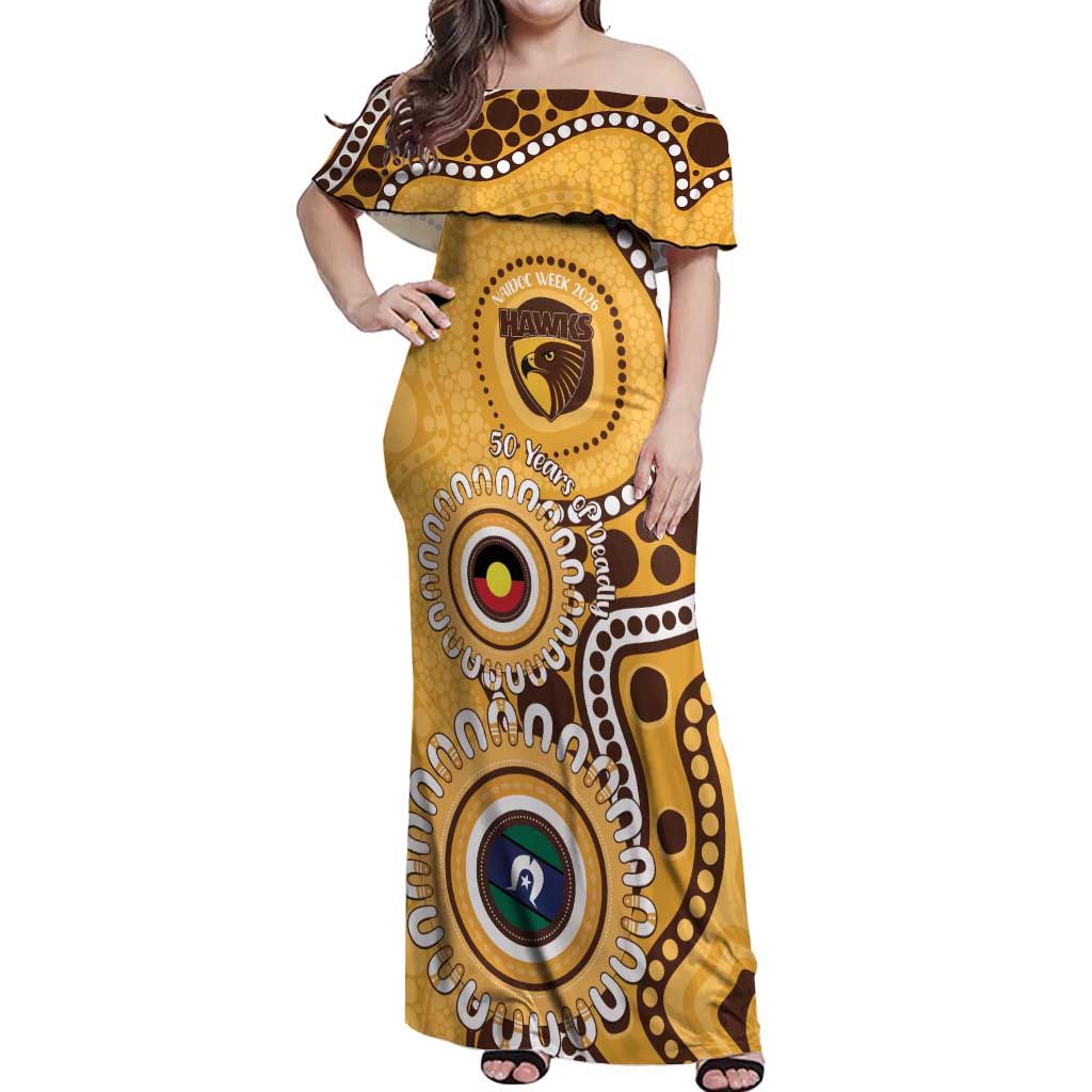 Hawthorn NAIDOC 2026 Personalised Off Shoulder Maxi Dress 50 Years of Deadly Aboriginal Art