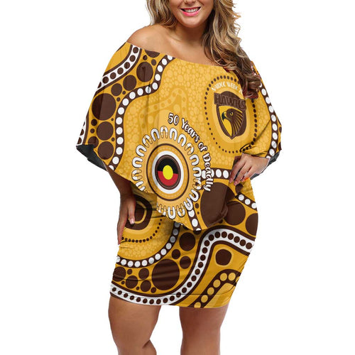 Hawthorn NAIDOC 2026 Personalised Off Shoulder Short Dress 50 Years of Deadly Aboriginal Art