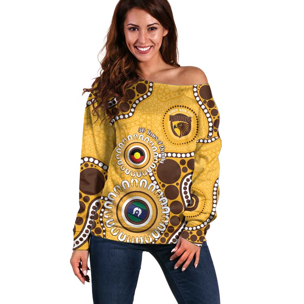 Hawthorn NAIDOC 2026 Personalised Off Shoulder Sweater 50 Years of Deadly Aboriginal Art