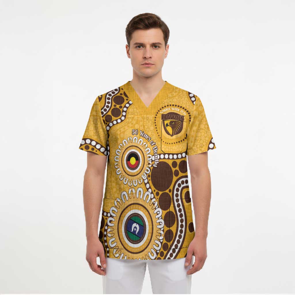 Hawthorn NAIDOC 2026 Personalised Scrub Top 50 Years of Deadly Aboriginal Art