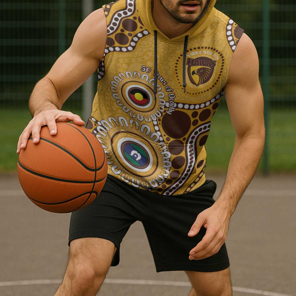 Hawthorn NAIDOC 2026 Personalised Sleeveless Hoodie 50 Years of Deadly Aboriginal Art