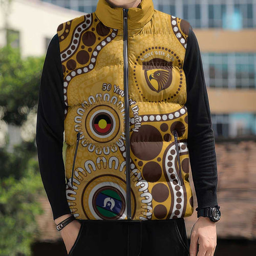 Hawthorn NAIDOC 2026 Personalised Sleeveless Puffer Jacket 50 Years of Deadly Aboriginal Art
