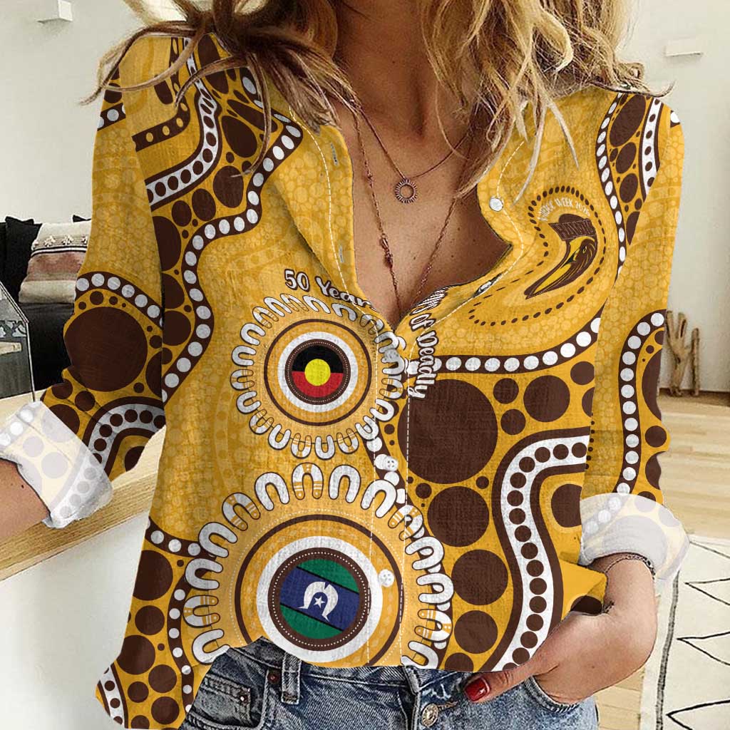 Hawthorn NAIDOC 2026 Personalised Women Casual Shirt 50 Years of Deadly Aboriginal Art