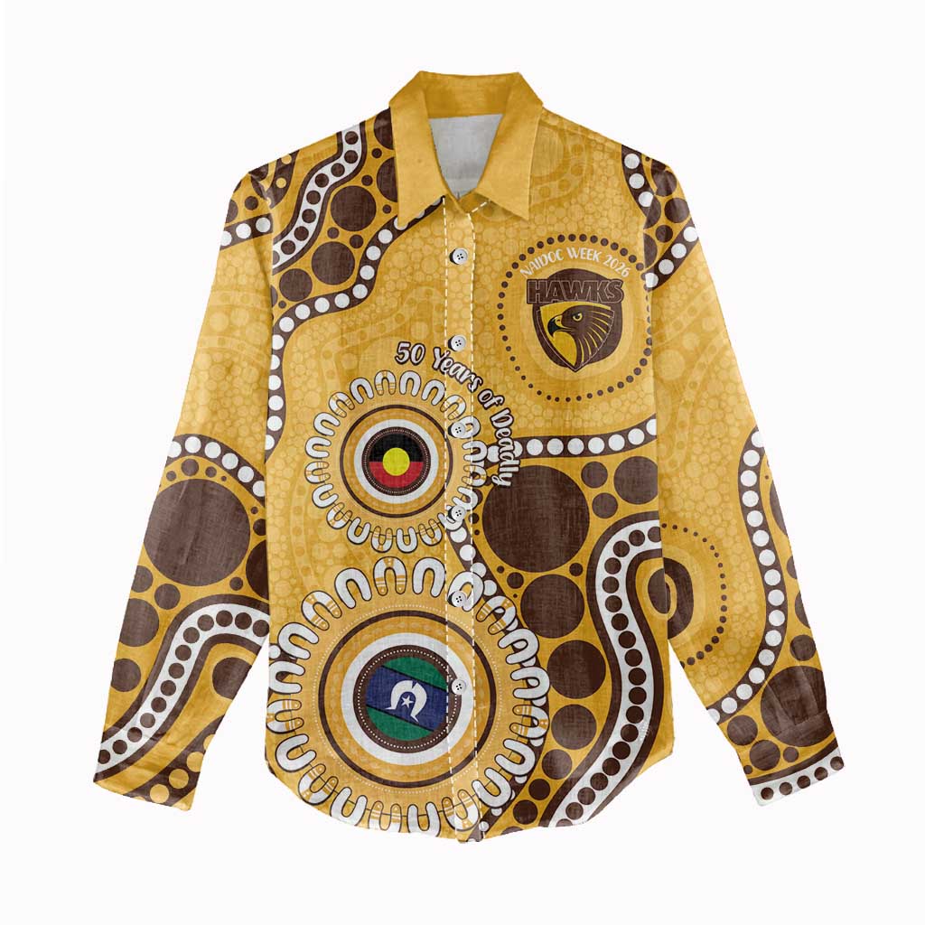 Hawthorn NAIDOC 2026 Personalised Women Casual Shirt 50 Years of Deadly Aboriginal Art