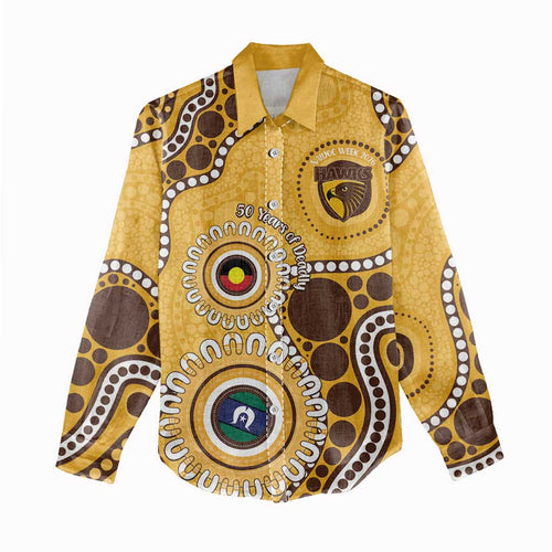 Hawthorn NAIDOC 2026 Personalised Women Casual Shirt 50 Years of Deadly Aboriginal Art