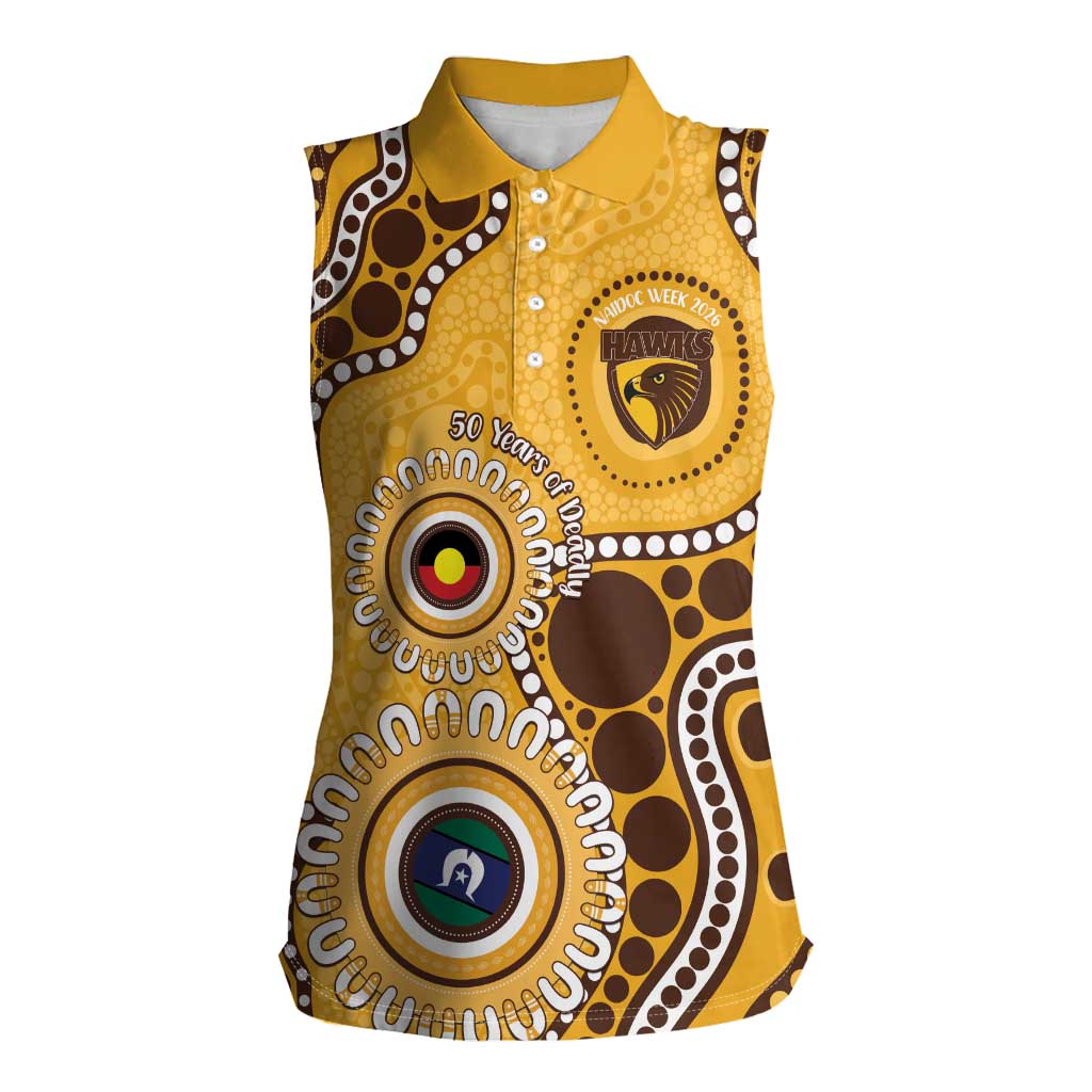 Hawthorn NAIDOC 2026 Personalised Women Sleeveless Polo Shirt 50 Years of Deadly Aboriginal Art