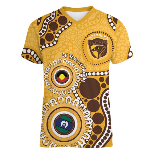 Hawthorn NAIDOC 2026 Personalised Women V-Neck T-Shirt 50 Years of Deadly Aboriginal Art