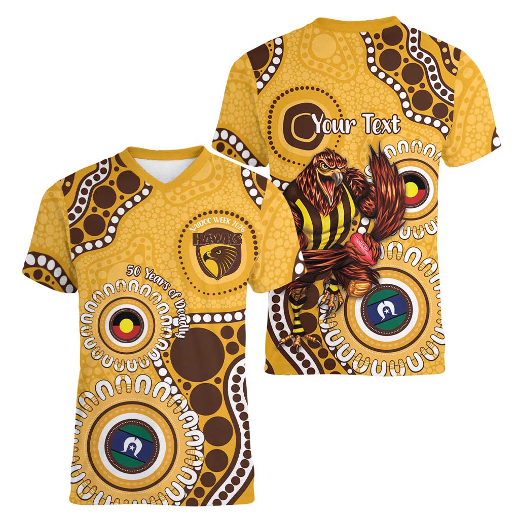 Hawthorn NAIDOC 2026 Personalised Women V-Neck T-Shirt 50 Years of Deadly Aboriginal Art