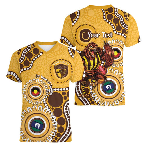 Hawthorn NAIDOC 2026 Personalised Women V-Neck T-Shirt 50 Years of Deadly Aboriginal Art