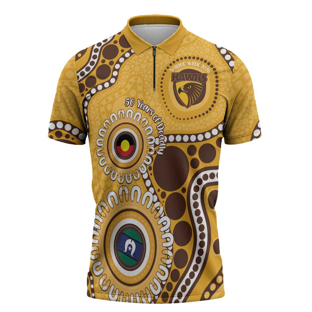 Hawthorn NAIDOC 2026 Personalised Zipper Polo Shirt 50 Years of Deadly Aboriginal Art