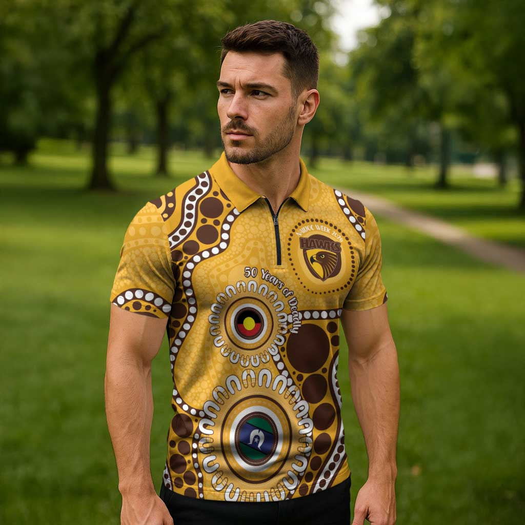 Hawthorn NAIDOC 2026 Personalised Zipper Polo Shirt 50 Years of Deadly Aboriginal Art