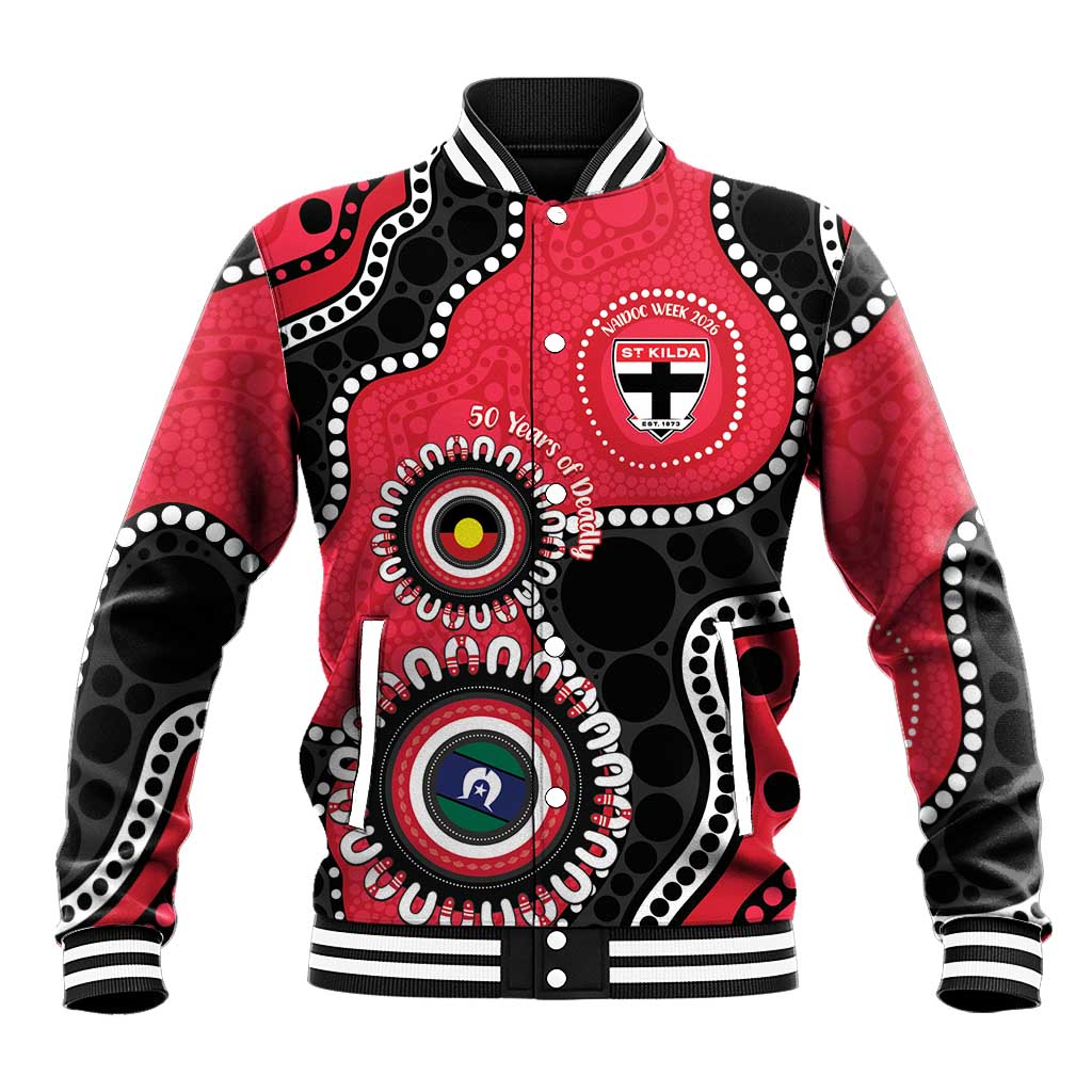 St Kilda NAIDOC 2026 Personalised Baseball Jacket 50 Years of Deadly Aboriginal Art