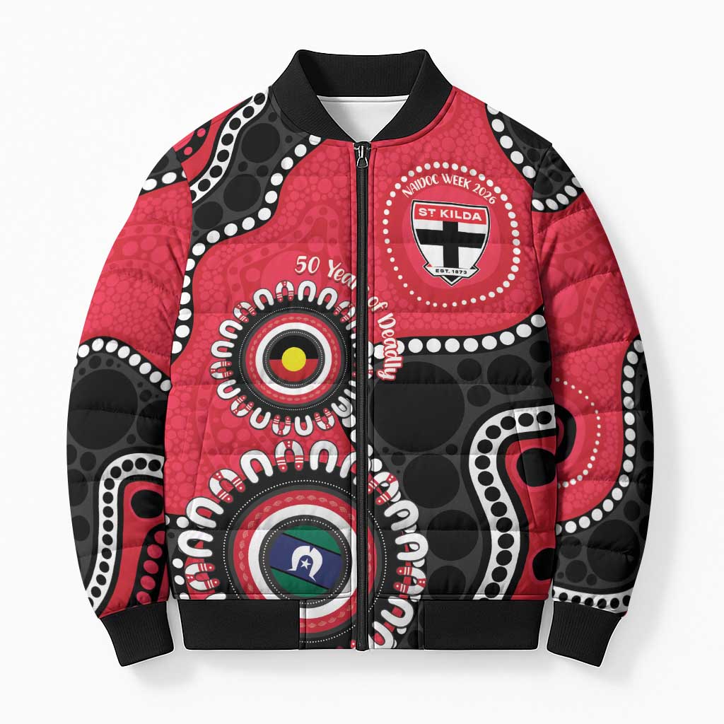 St Kilda NAIDOC 2026 Personalised Bomber Puffer Jacket 50 Years of Deadly Aboriginal Art