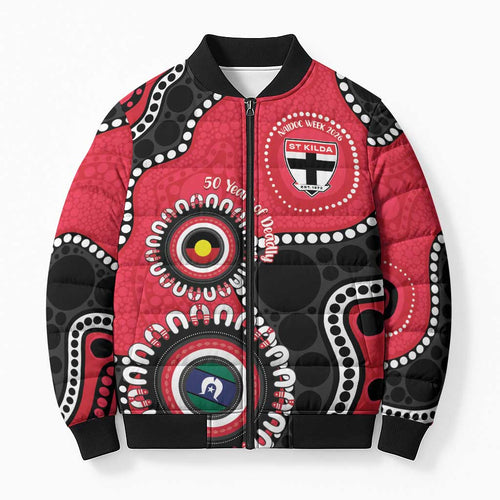 St Kilda NAIDOC 2026 Personalised Bomber Puffer Jacket 50 Years of Deadly Aboriginal Art