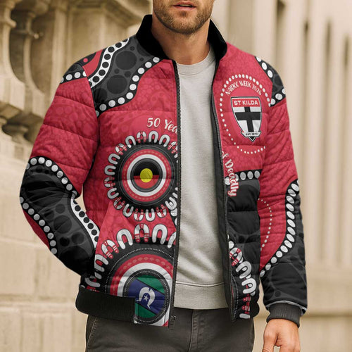 St Kilda NAIDOC 2026 Personalised Bomber Puffer Jacket 50 Years of Deadly Aboriginal Art