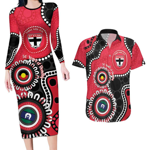 St Kilda NAIDOC 2026 Personalised Couples Matching Long Sleeve Bodycon Dress and Hawaiian Shirt 50 Years of Deadly Aboriginal Art