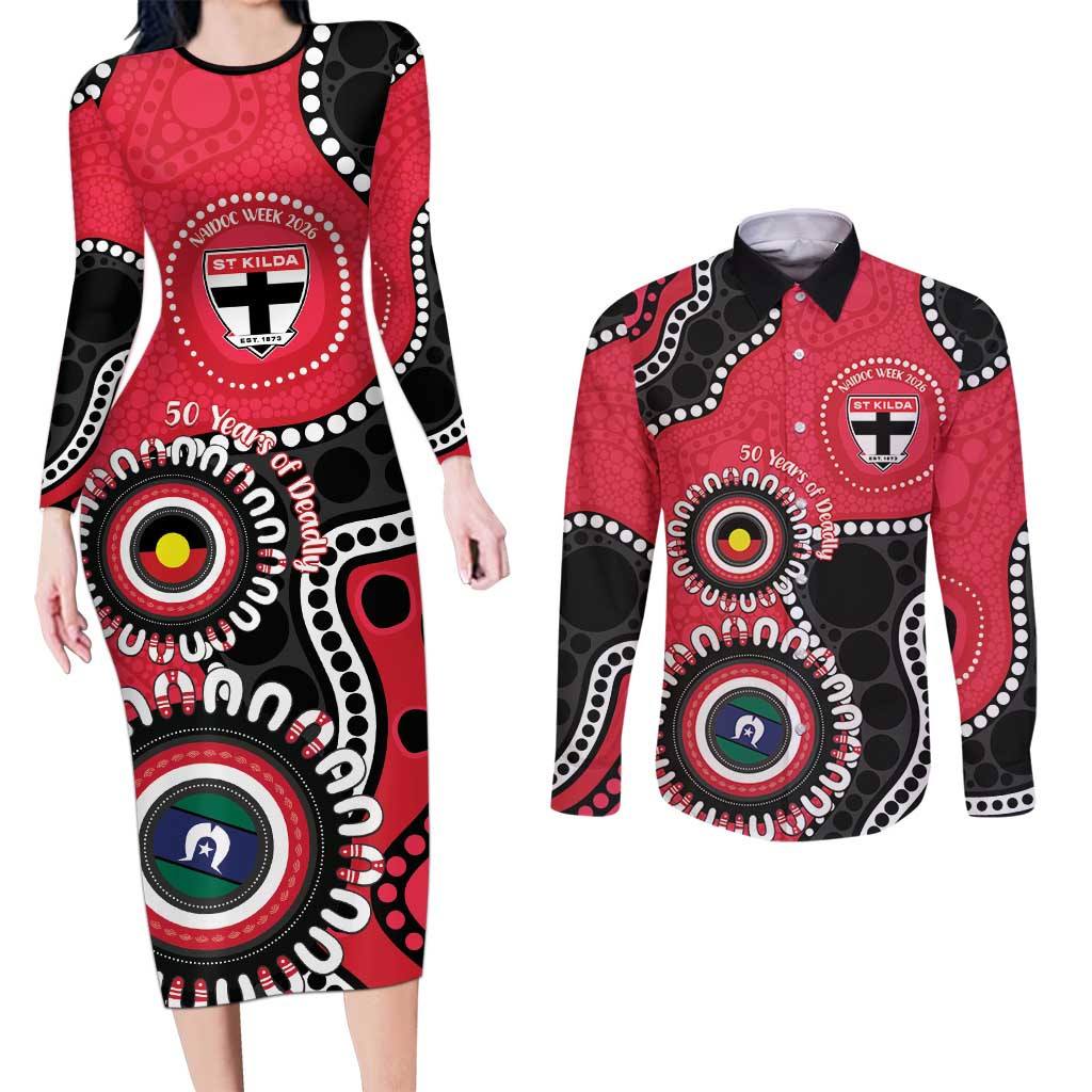St Kilda NAIDOC 2026 Personalised Couples Matching Long Sleeve Bodycon Dress and Long Sleeve Button Shirt 50 Years of Deadly Aboriginal Art