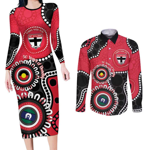 St Kilda NAIDOC 2026 Personalised Couples Matching Long Sleeve Bodycon Dress and Long Sleeve Button Shirt 50 Years of Deadly Aboriginal Art