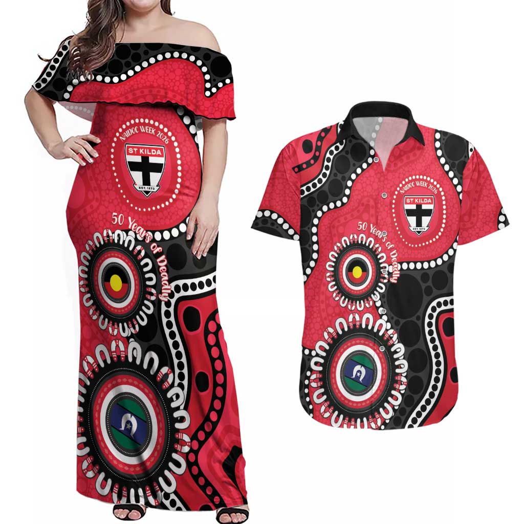 St Kilda NAIDOC 2026 Personalised Couples Matching Off Shoulder Maxi Dress and Hawaiian Shirt 50 Years of Deadly Aboriginal Art