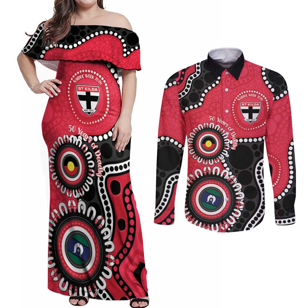 St Kilda NAIDOC 2026 Personalised Couples Matching Off Shoulder Maxi Dress and Long Sleeve Button Shirt 50 Years of Deadly Aboriginal Art
