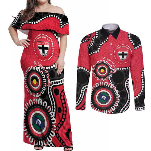 St Kilda NAIDOC 2026 Personalised Couples Matching Off Shoulder Maxi Dress and Long Sleeve Button Shirt 50 Years of Deadly Aboriginal Art