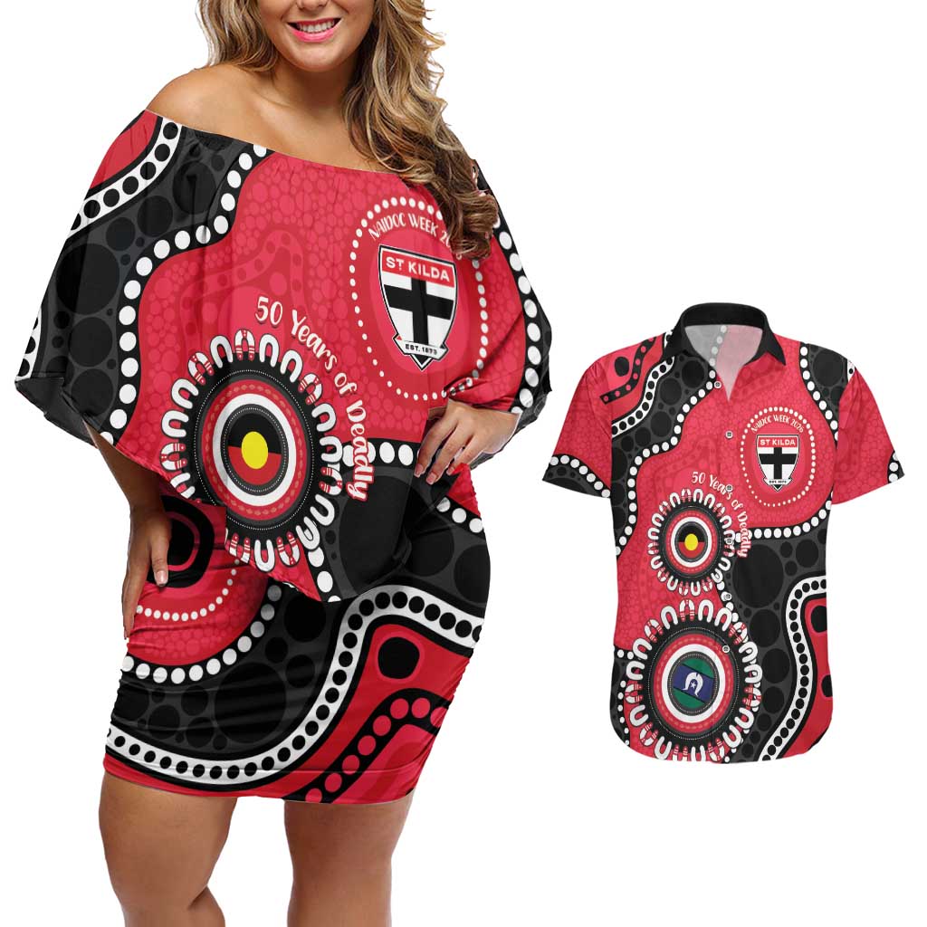 St Kilda NAIDOC 2026 Personalised Couples Matching Off Shoulder Short Dress and Hawaiian Shirt 50 Years of Deadly Aboriginal Art
