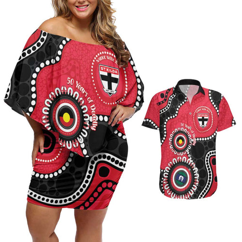 St Kilda NAIDOC 2026 Personalised Couples Matching Off Shoulder Short Dress and Hawaiian Shirt 50 Years of Deadly Aboriginal Art