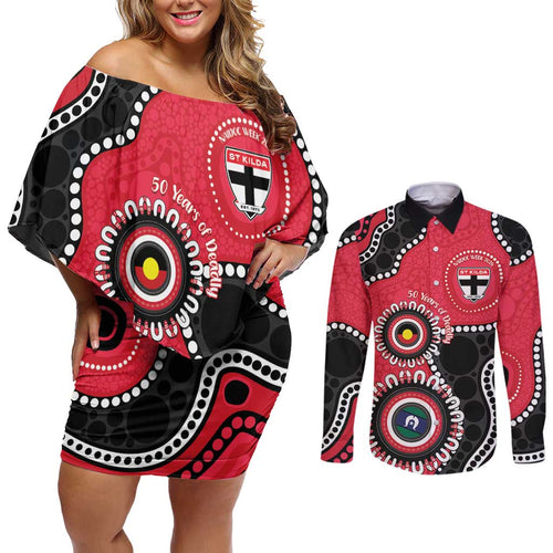 St Kilda NAIDOC 2026 Personalised Couples Matching Off Shoulder Short Dress and Long Sleeve Button Shirt 50 Years of Deadly Aboriginal Art