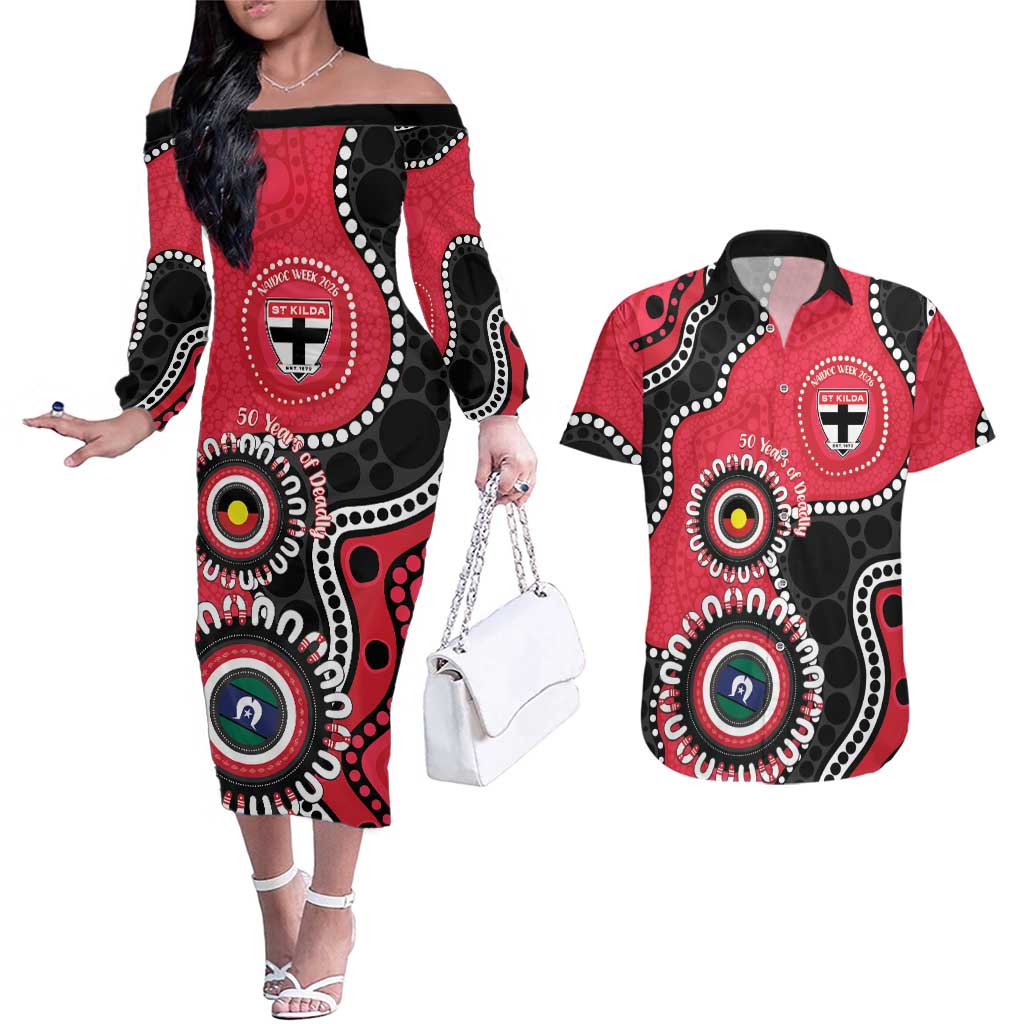St Kilda NAIDOC 2026 Personalised Couples Matching Off The Shoulder Long Sleeve Dress and Hawaiian Shirt 50 Years of Deadly Aboriginal Art