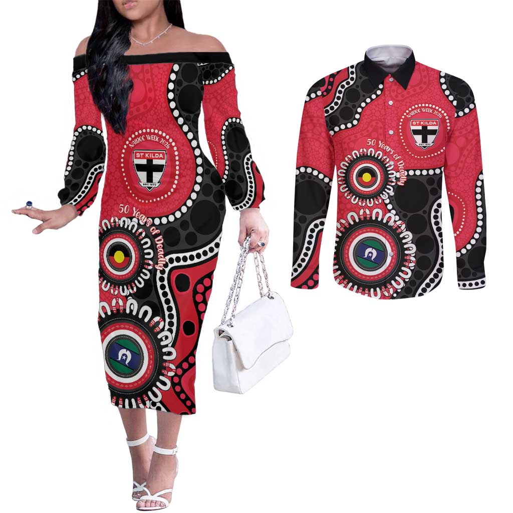 St Kilda NAIDOC 2026 Personalised Couples Matching Off The Shoulder Long Sleeve Dress and Long Sleeve Button Shirt 50 Years of Deadly Aboriginal Art