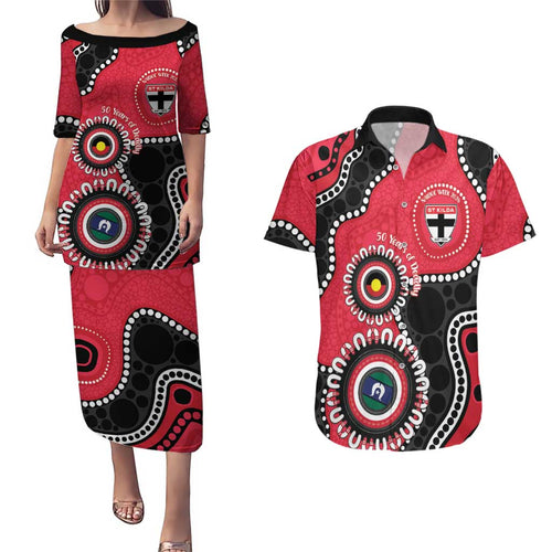 St Kilda NAIDOC 2026 Personalised Couples Matching Puletasi and Hawaiian Shirt 50 Years of Deadly Aboriginal Art