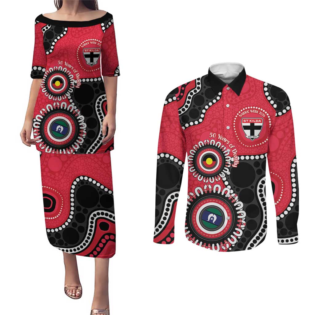 St Kilda NAIDOC 2026 Personalised Couples Matching Puletasi and Long Sleeve Button Shirt 50 Years of Deadly Aboriginal Art
