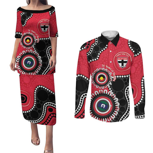 St Kilda NAIDOC 2026 Personalised Couples Matching Puletasi and Long Sleeve Button Shirt 50 Years of Deadly Aboriginal Art