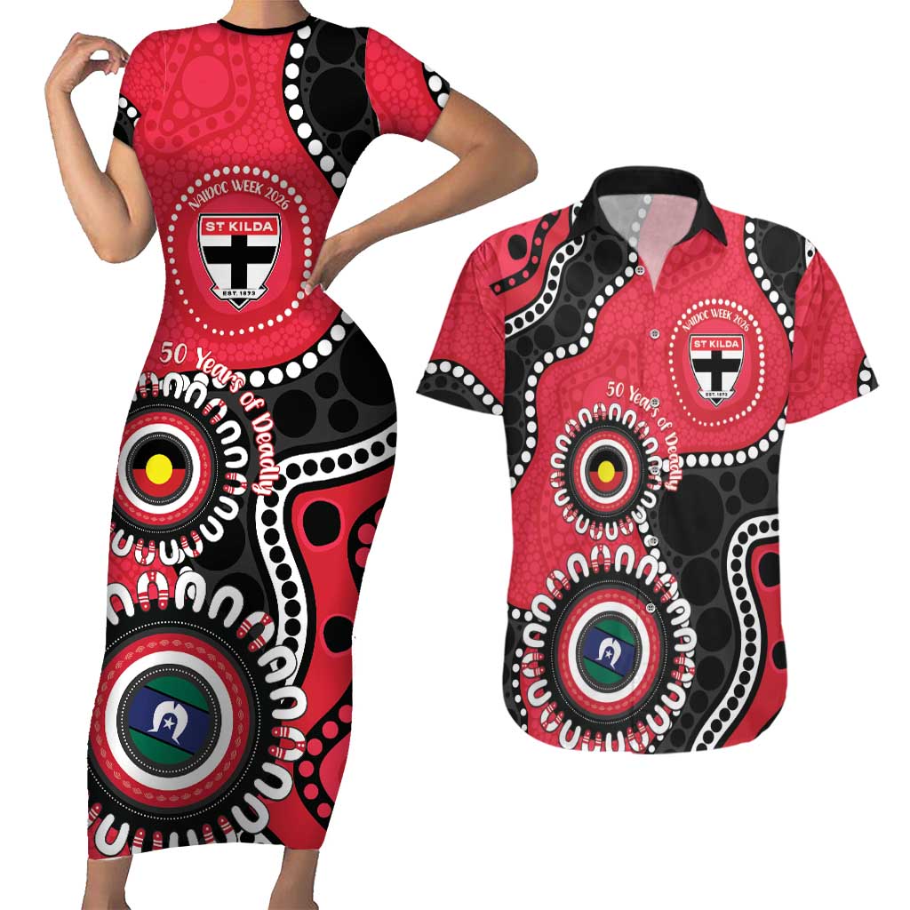 St Kilda NAIDOC 2026 Personalised Couples Matching Short Sleeve Bodycon Dress and Hawaiian Shirt 50 Years of Deadly Aboriginal Art