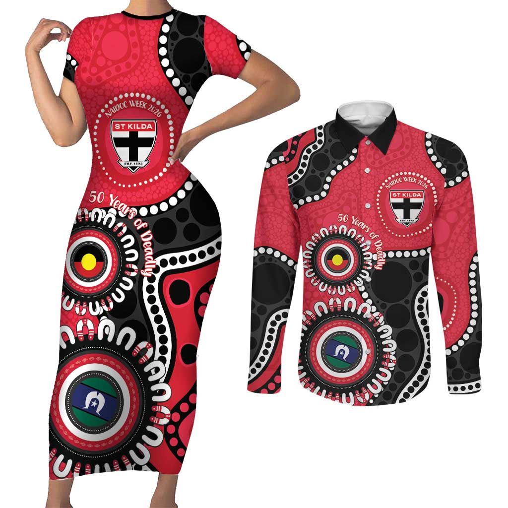 St Kilda NAIDOC 2026 Personalised Couples Matching Short Sleeve Bodycon Dress and Long Sleeve Button Shirt 50 Years of Deadly Aboriginal Art