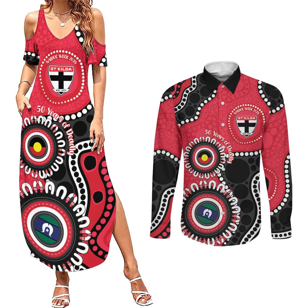 St Kilda NAIDOC 2026 Personalised Couples Matching Summer Maxi Dress and Long Sleeve Button Shirt 50 Years of Deadly Aboriginal Art