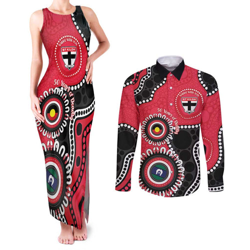 St Kilda NAIDOC 2026 Personalised Couples Matching Tank Maxi Dress and Long Sleeve Button Shirt 50 Years of Deadly Aboriginal Art