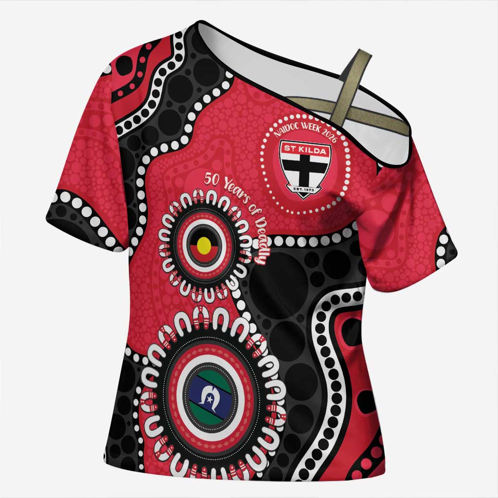 St Kilda NAIDOC 2026 Personalised Cross Shoulder Shirt 50 Years of Deadly Aboriginal Art