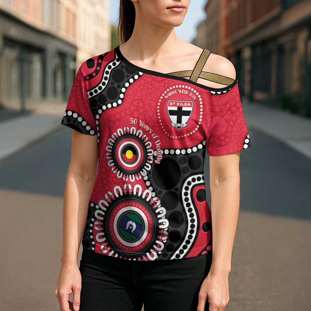 St Kilda NAIDOC 2026 Personalised Cross Shoulder Shirt 50 Years of Deadly Aboriginal Art