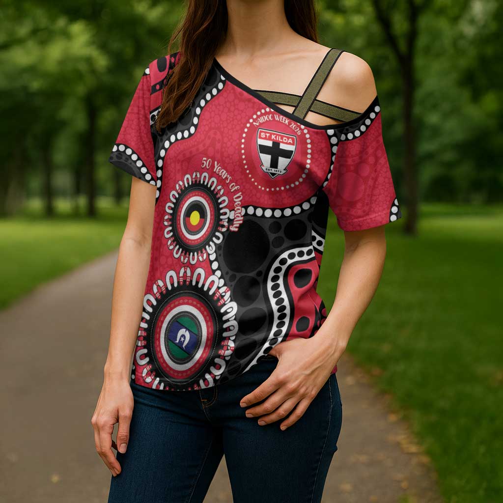 St Kilda NAIDOC 2026 Personalised Cross Shoulder Shirt 50 Years of Deadly Aboriginal Art