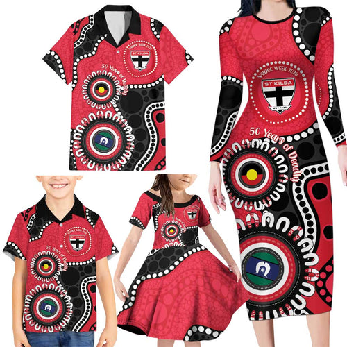 St Kilda NAIDOC 2026 Personalised Family Matching Long Sleeve Bodycon Dress and Hawaiian Shirt 50 Years of Deadly Aboriginal Art